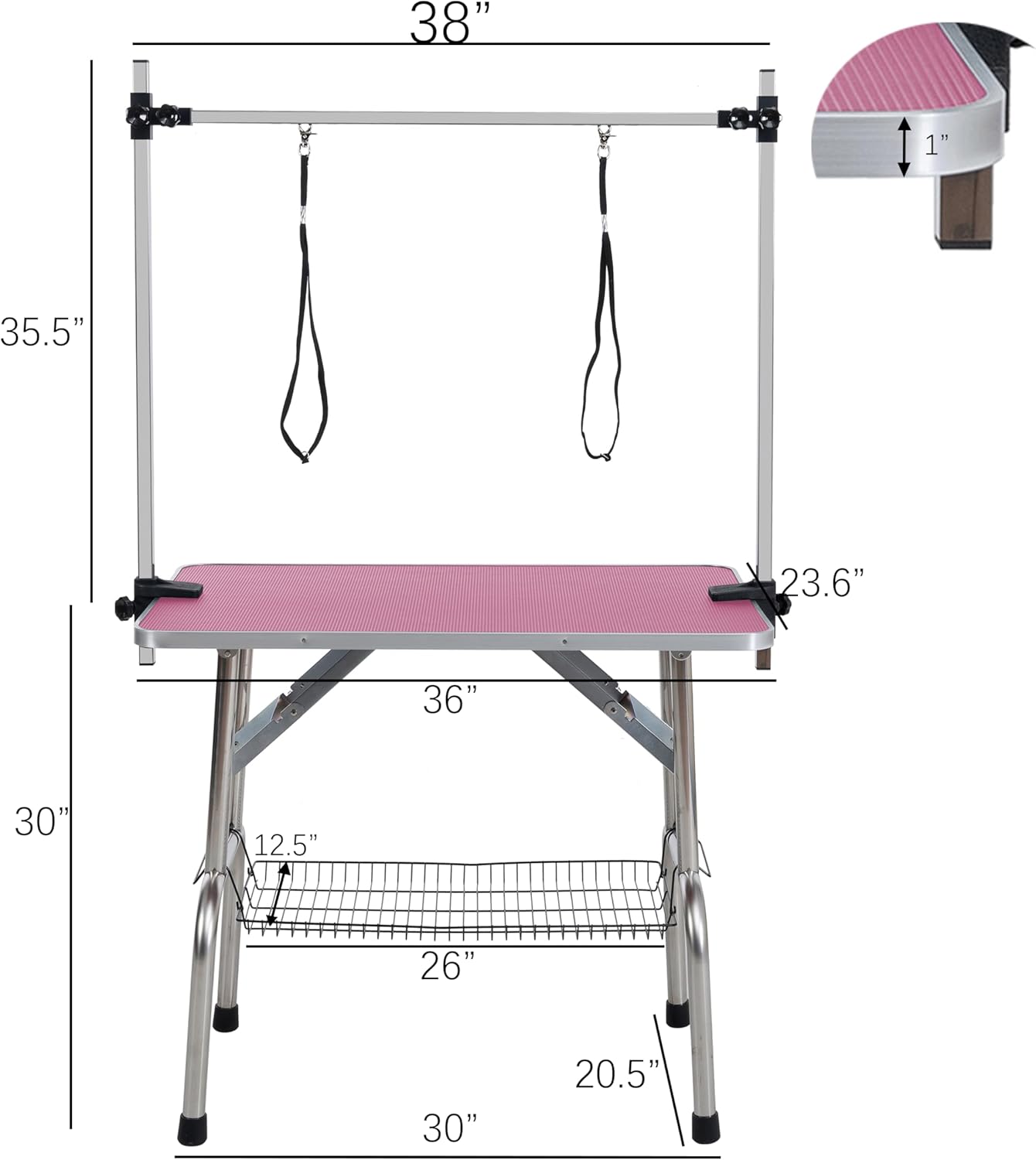 36" Folding Dog Pet Grooming Table with Adjustable Arm and Clamps, Loop Noose Stainless Steel Frame Rubber Mat D992