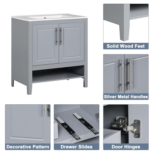 White Solid Wood Bathroom Vanity with Sink and 2 Soft Closing Doors and Drawer Y621802