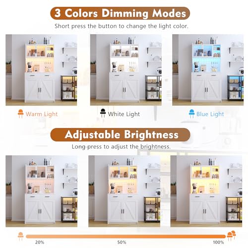 White LED Kitchen Pantry Cabinet with Drawers and Adjustable Shelves K787