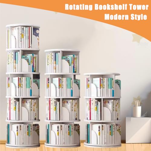 5 Tier White Solid Wood Rotating Bookshelf I782