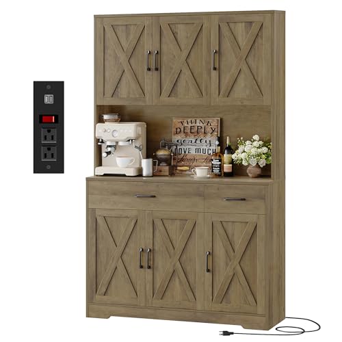Black Tall Pantry Cabinet with Charging Station and Microwave Stand P34757