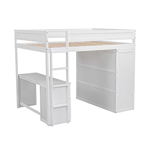 White Wooden Full Size Loft Bed with Storage Wardrobe, Desk, Drawers, Cabinet, and Ladder N275