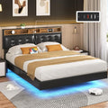 California King Floating Bed Frame with LED Lights, Headboard and Charging Station, Faux Leather Black V3651