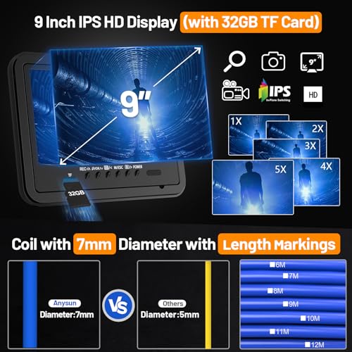 Self-Leveling Sewer Camera 100FT, 9" HD Screen Pipe Borescope Drain Inspection with 12pcs LED Light, DVR Recorder with 32GB Card, IP68 Waterproof Plumbing Cam, 7mm Cable with Depth Marker Q790515