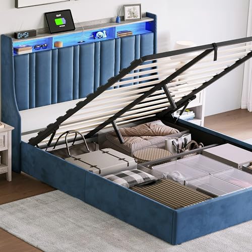 Dark Grey Queen Size Upholstered Storage Bed Frame with LED Lights S741263