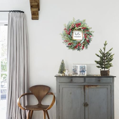 20’’ Red Berries Artificial Leaves Wreath with Hello Winter Sign J185788