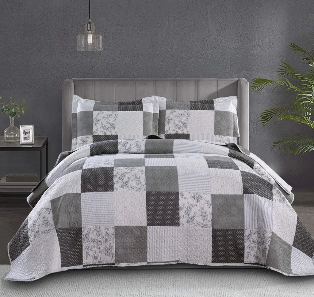 King Size Black White Grey Plaid Patchwork Quilt Microfiber Bedspread B5031