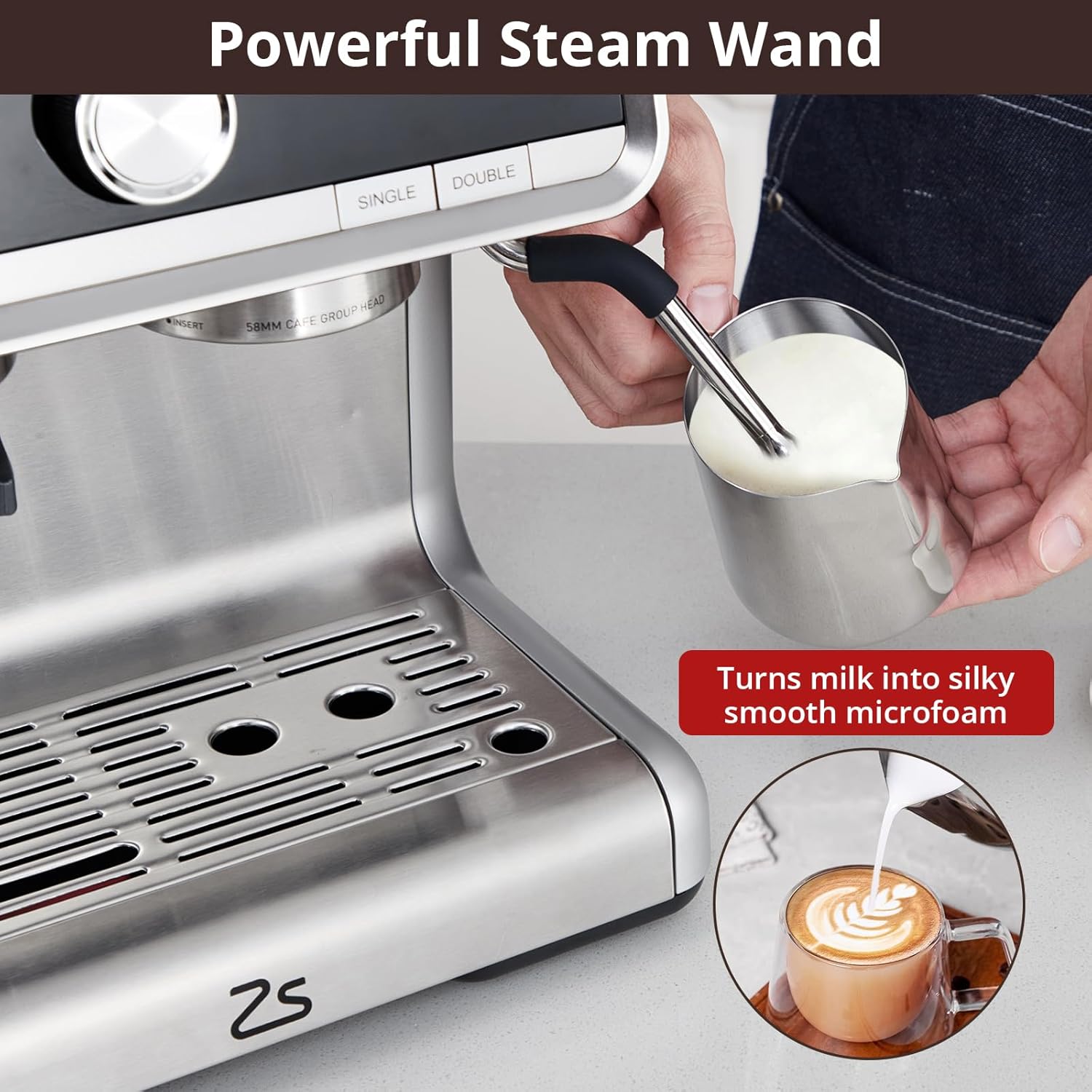 20 Bar Brushed Stainless Steel Espresso Machine with Milk Frother Steam Wand Z23889