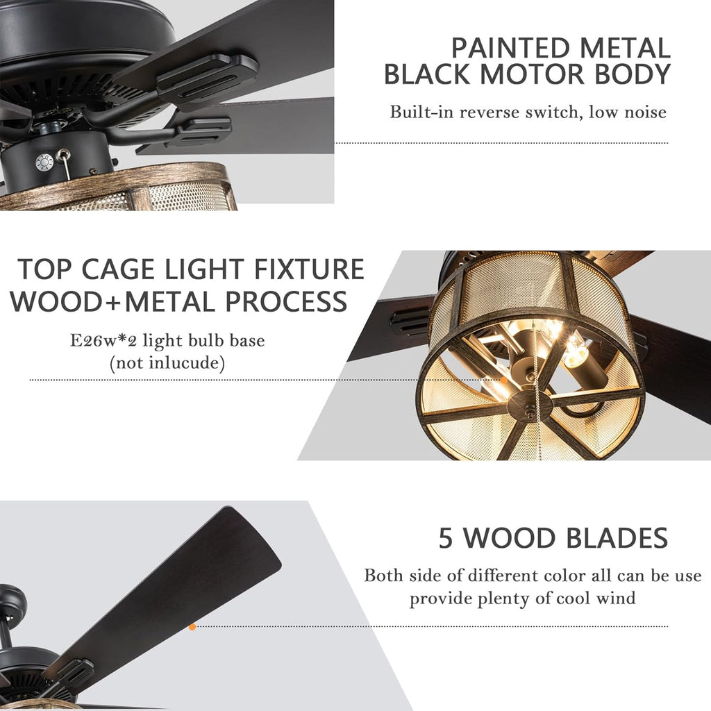 Matte Black Caged Ceiling Fan with Lights Remote Control I867