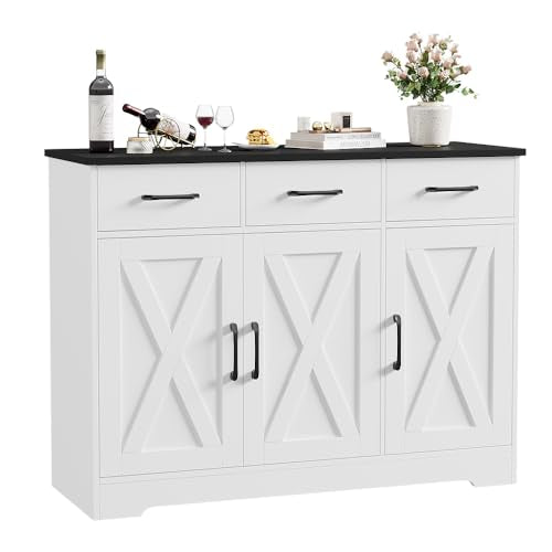 White Wood Sideboard Buffet Cabinet with Drawers and Shelves E7790