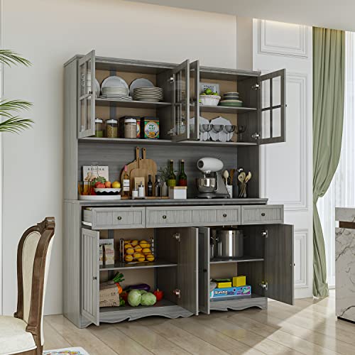 Large Wooden Grey Kitchen Hutch Cabinet with Glass Doors H8705