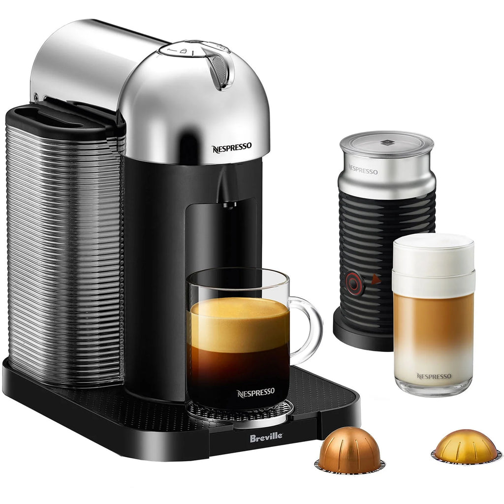 Chrome Single-Serve Coffee & Espresso Machine and Black Milk Frother G169028