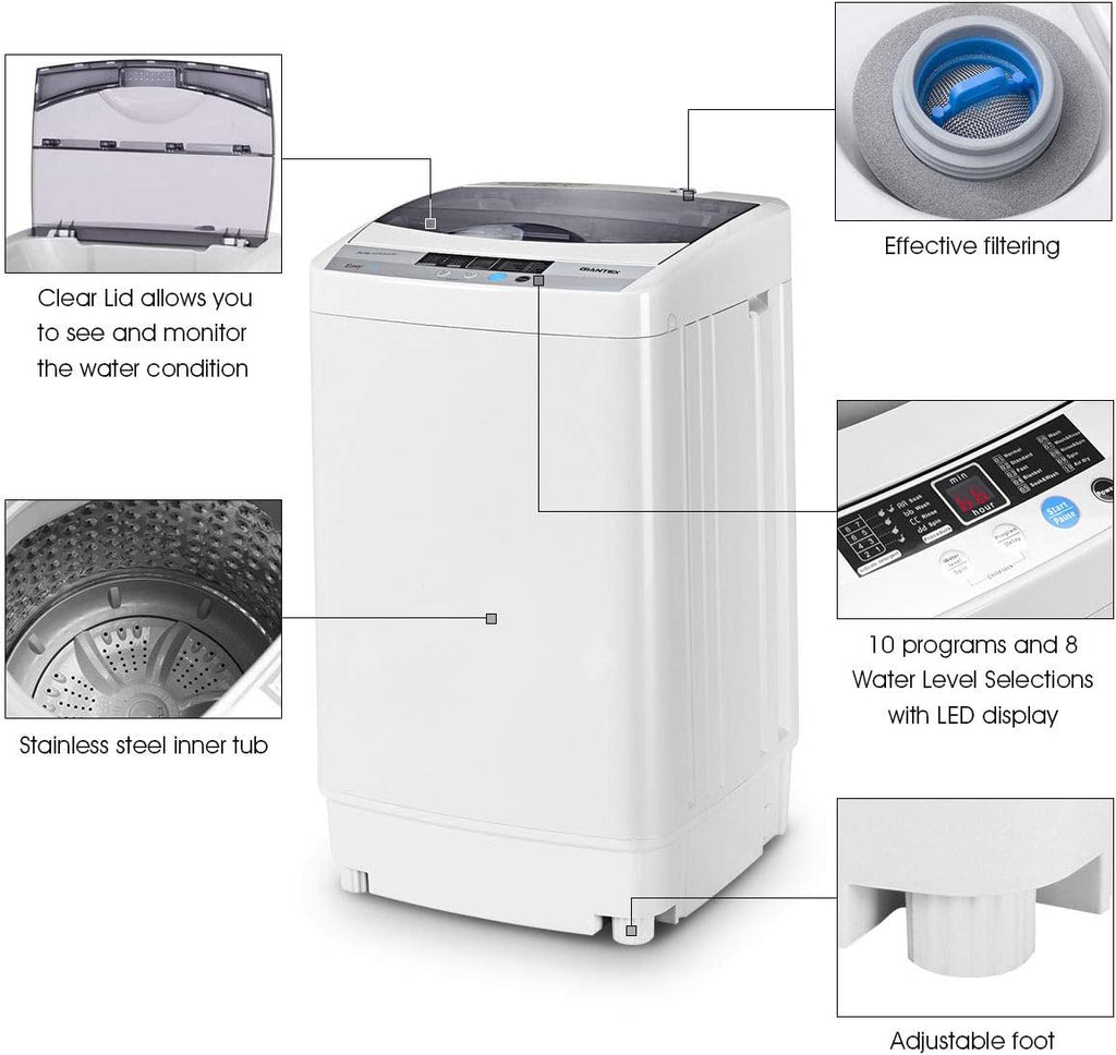 Full-Automatic Portable Compact 1.34 Cu.ft Laundry Washer with Drain Pump 12 Lbs Capacity H63496
