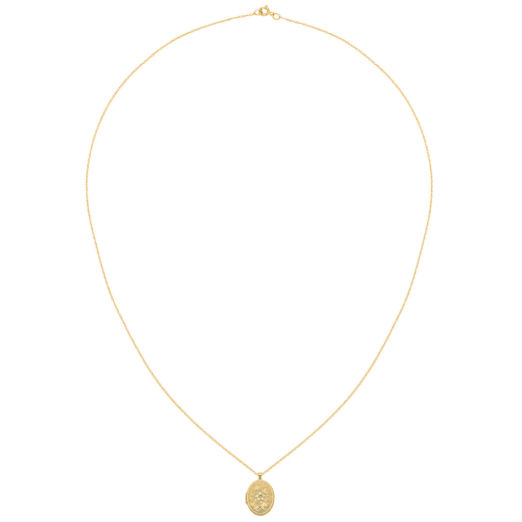 14 Karat Yellow Gold Oval Flower Locket on 18-inch Cable Rope Chain C5112