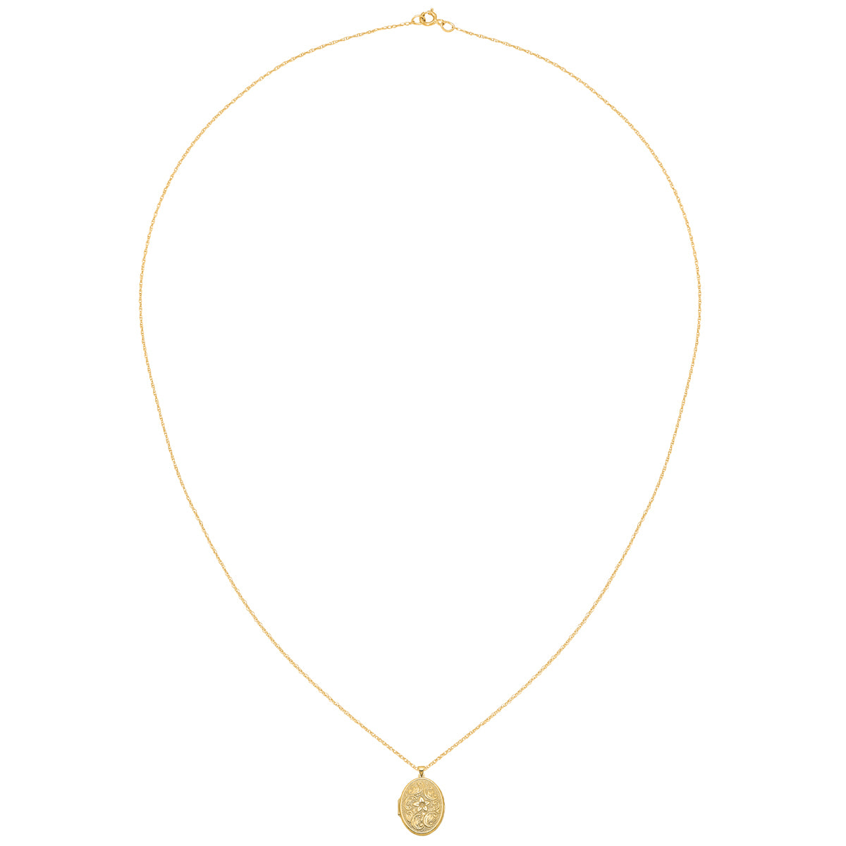 14 Karat Yellow Gold Oval Flower Locket on 18-inch Cable Rope Chain C5112