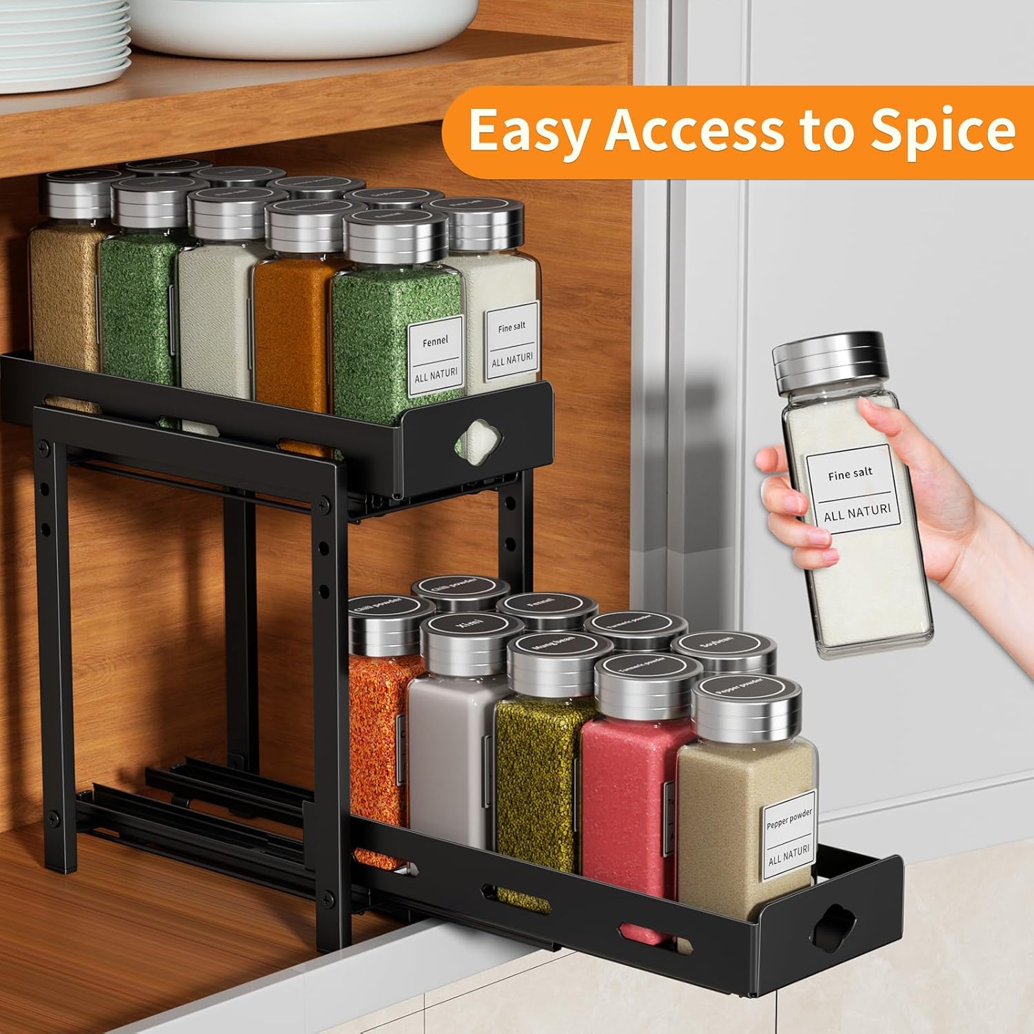 2-Tier Heavy Duty Slide Out Spice Rack, Black X5414