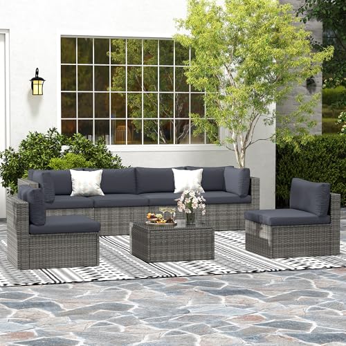 Grey 7 Pieces Outdoor Patio Furniture Set with Glass Tea Table R9906