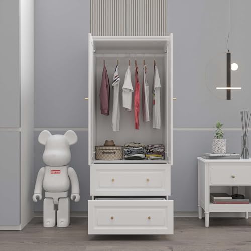 White 6-Door Large Armoire Wardrobe with 3 Drawers & 2 Hanging Rod F8729