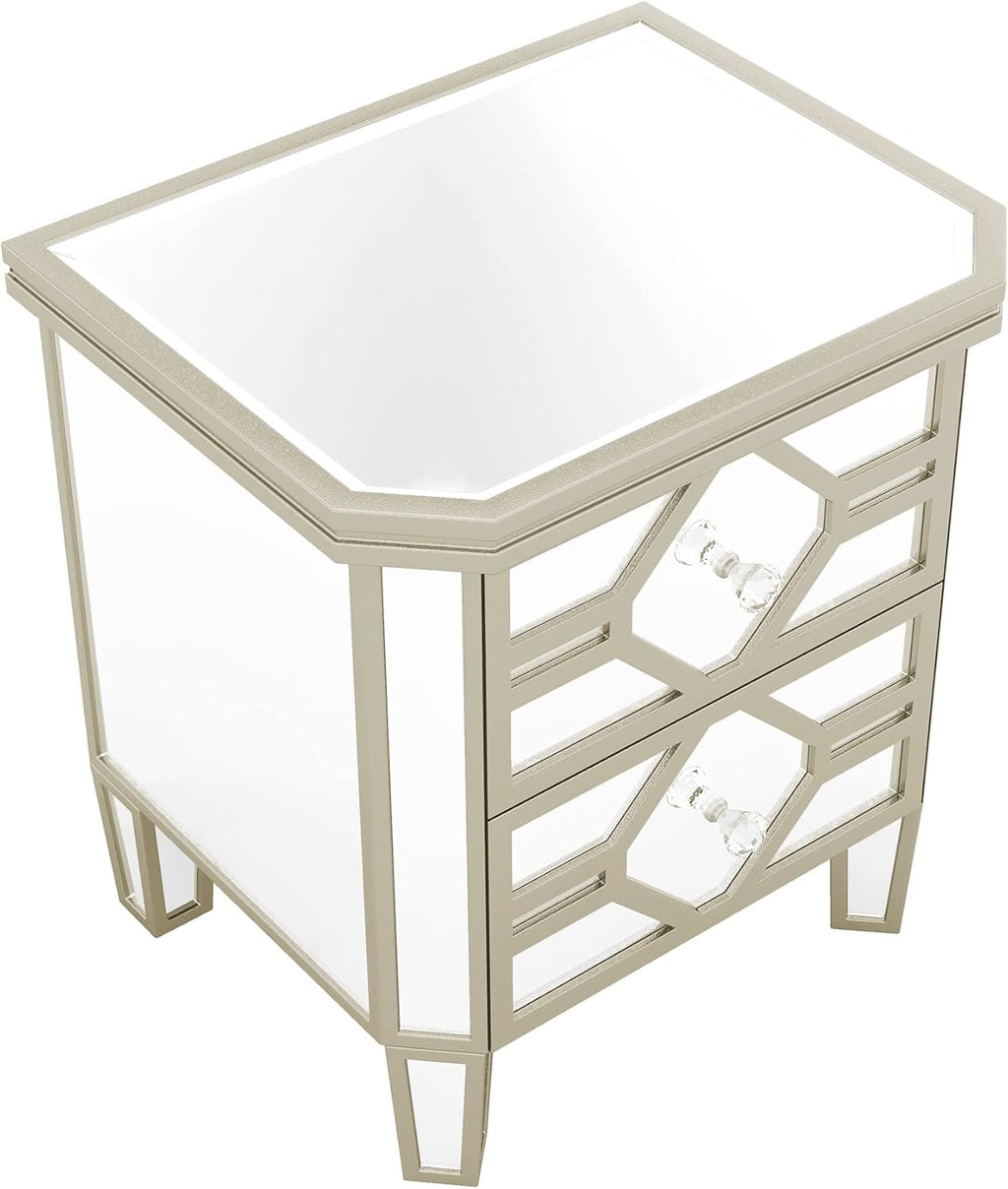 Mirrored 2-Drawer Nightstand End Table with Golden Lines, Silver P168
