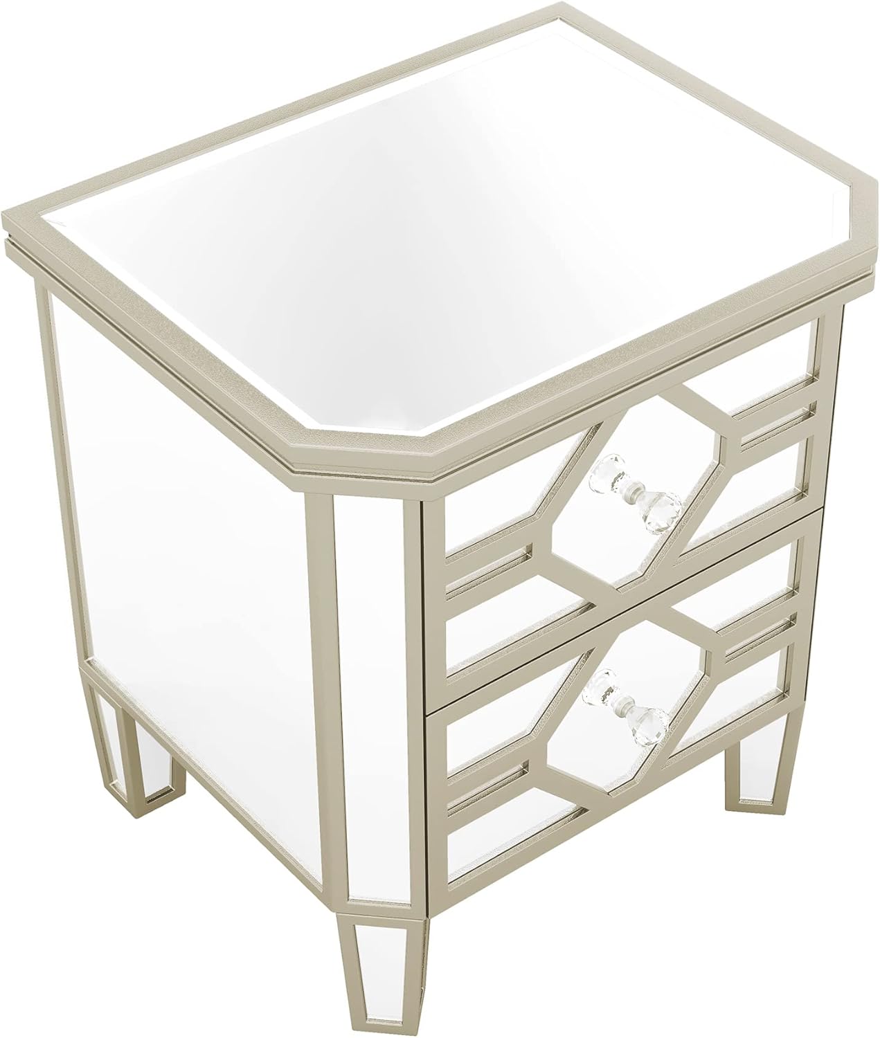 Mirrored 2-Drawer Nightstand End Table with Golden Lines, Silver P168
