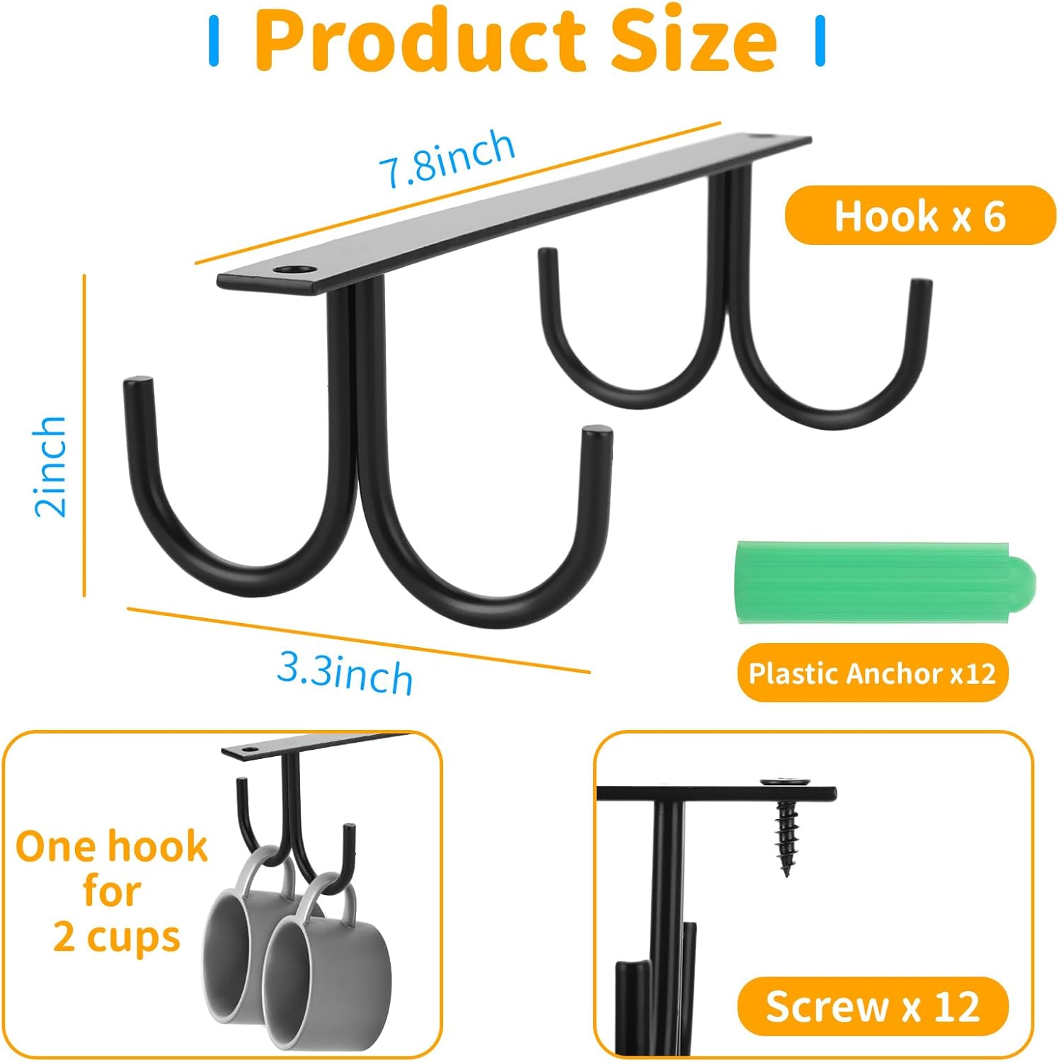 6 Pack Black Under Cabinet Mug Rack with 24 Hooks Z18074