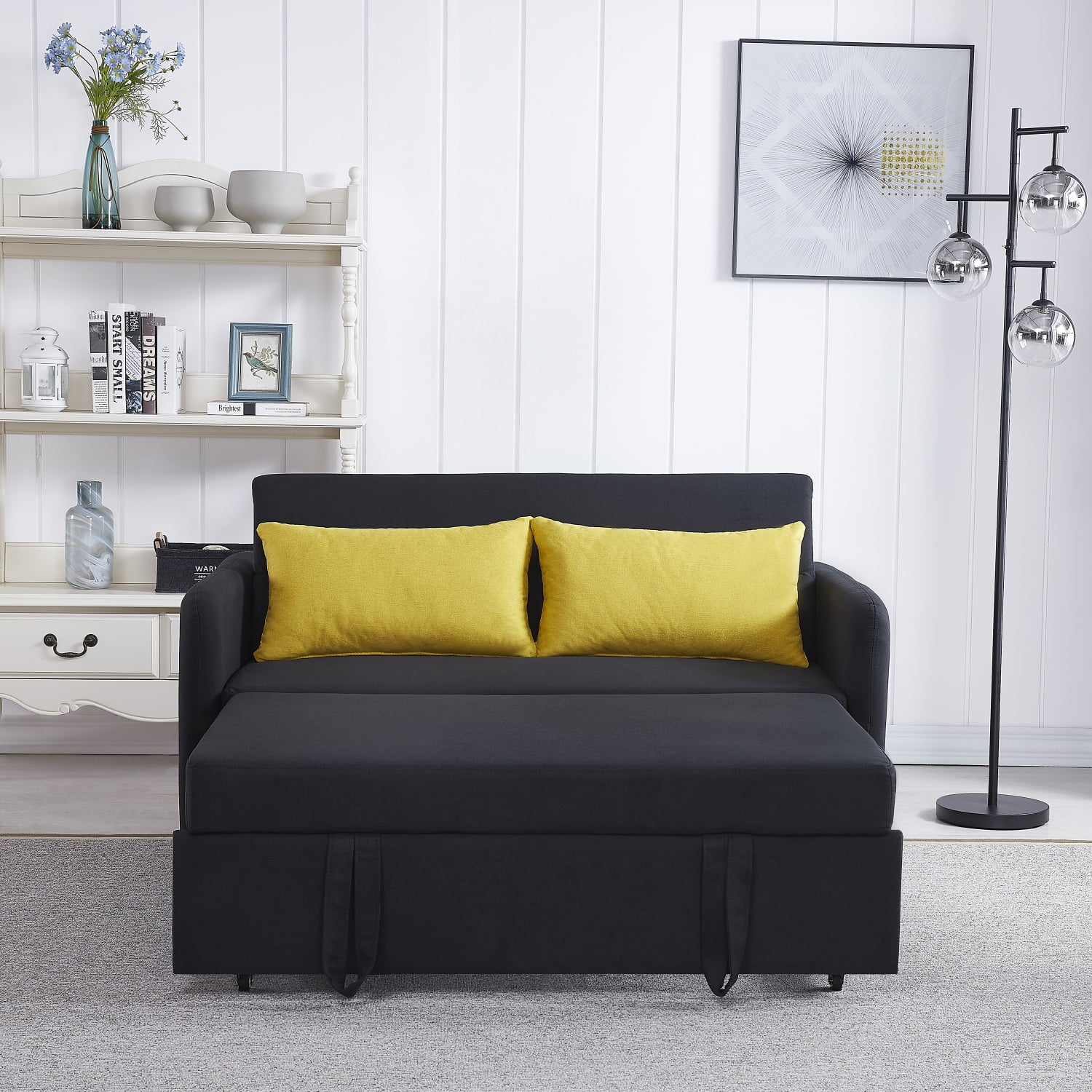 Black Velvet Convertible Loveseat Sleeper Sofa Bed with USB T3429