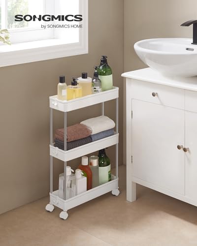 3-Tier Rolling Storage Cart with 6 Hooks, Steel Frame, Dove Gray A504