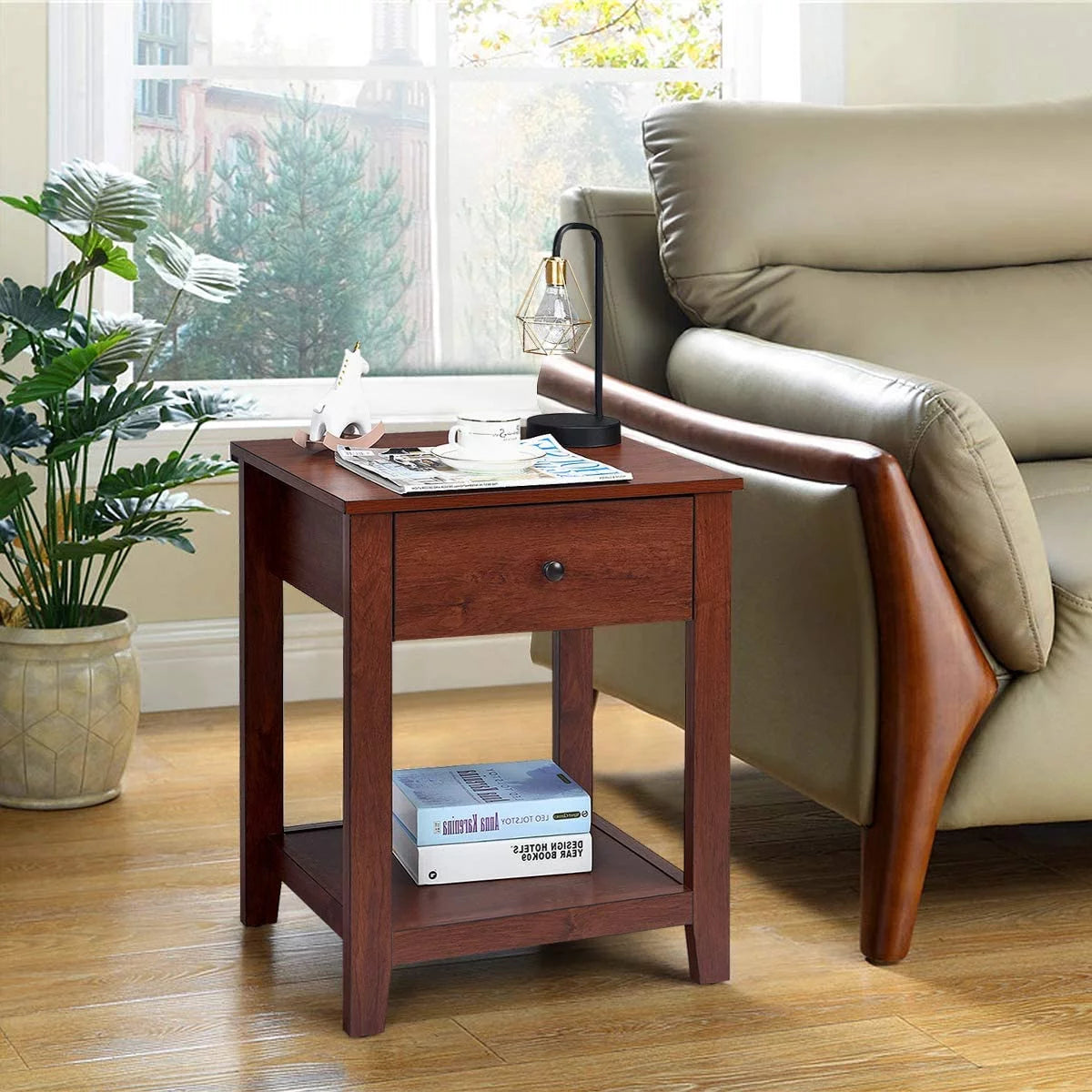 Walnut Wooden 2-Tier End Table With Drawer And Storage Shelf N253571
