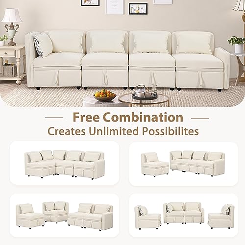 Cream Chenille Fabric Modular Sectional Sofa with Storage and 5 Pillows U2514