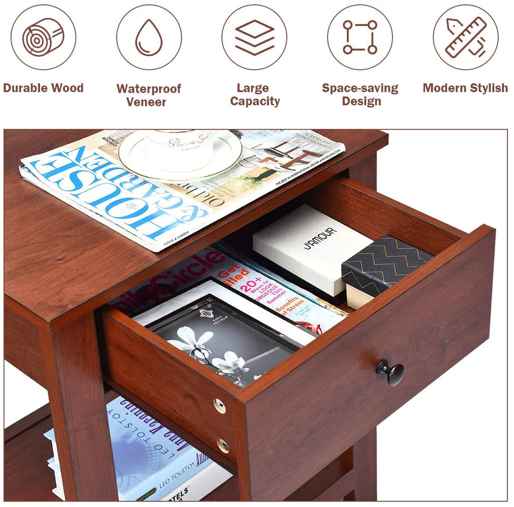 Walnut Wooden 2-Tier End Table With Drawer And Storage Shelf N253571