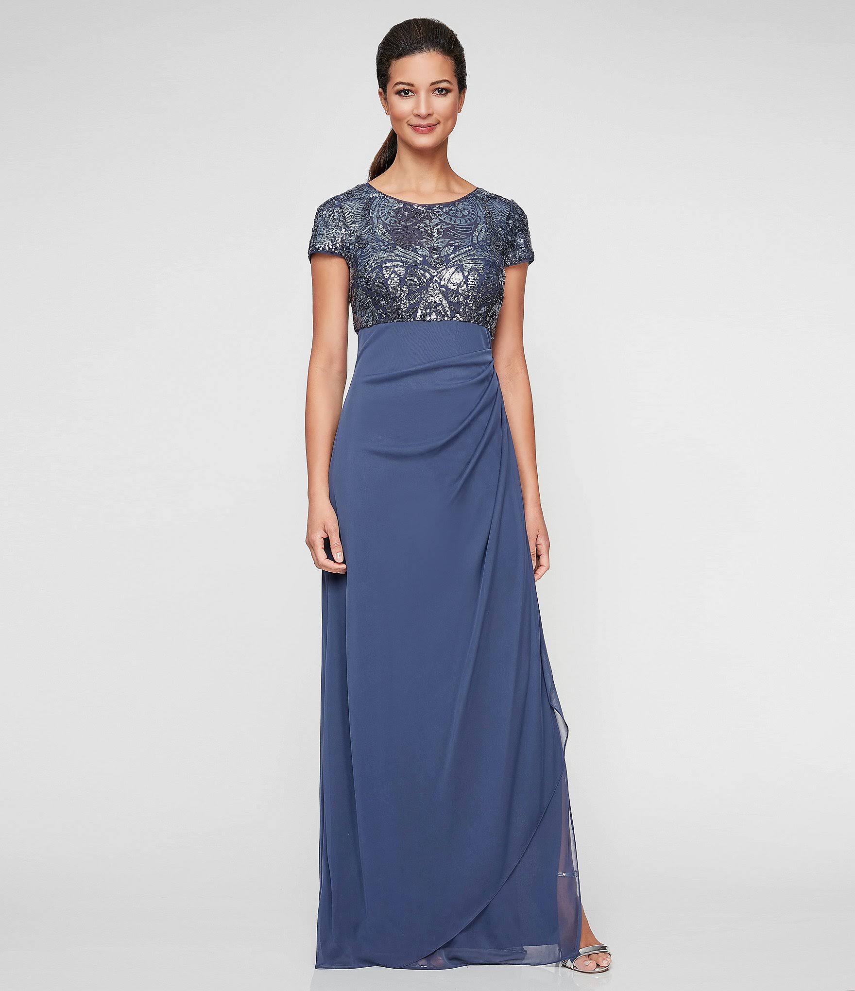 Cap Sleeve Stretch Sequin Side Ruffle Gown Z6770