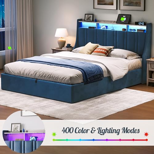 Dark Grey Queen Size Upholstered Storage Bed Frame with LED Lights S741263