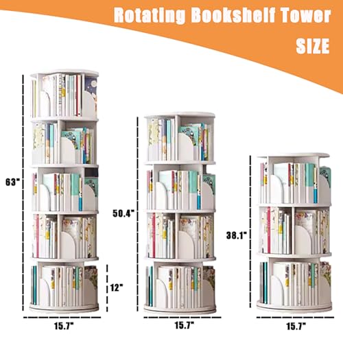 5 Tier White Solid Wood Rotating Bookshelf I782
