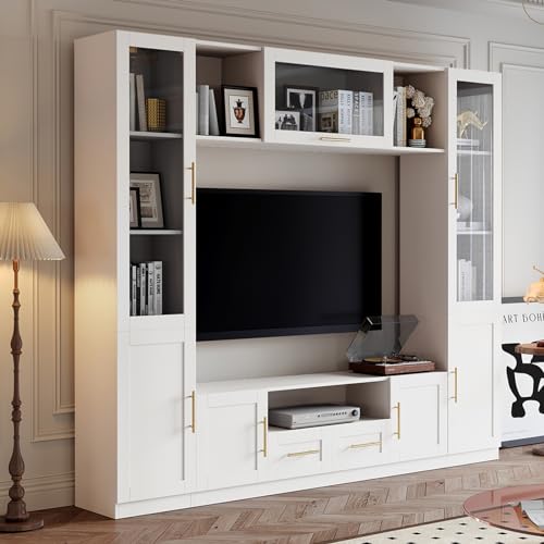 White 4-Piece Large TV Stand Wall Unit with Bookshelves Q834