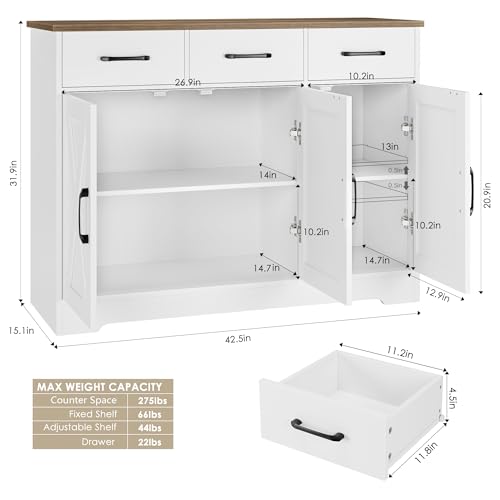 White Wood Sideboard Buffet Cabinet with Drawers and Shelves E7790
