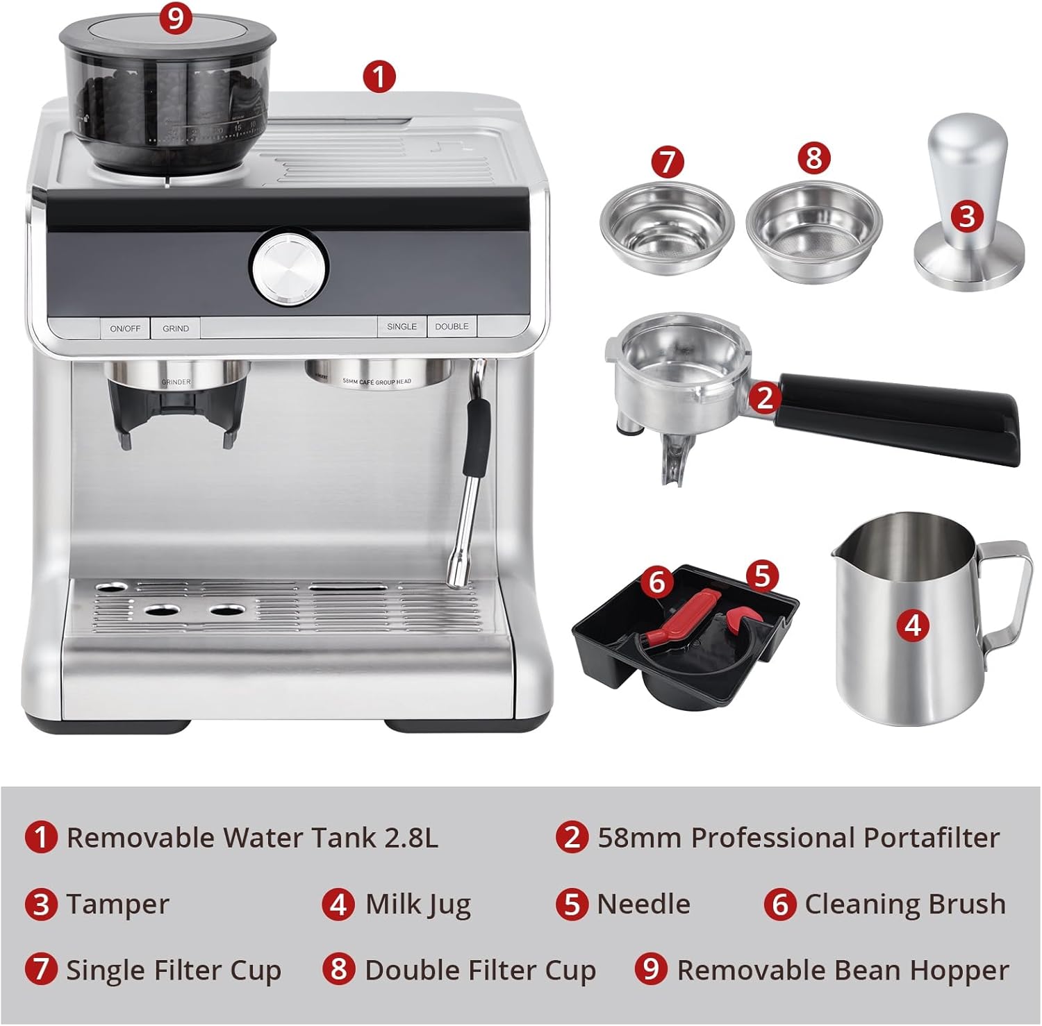 20 Bar Brushed Stainless Steel Espresso Machine with Milk Frother Steam Wand Z23889