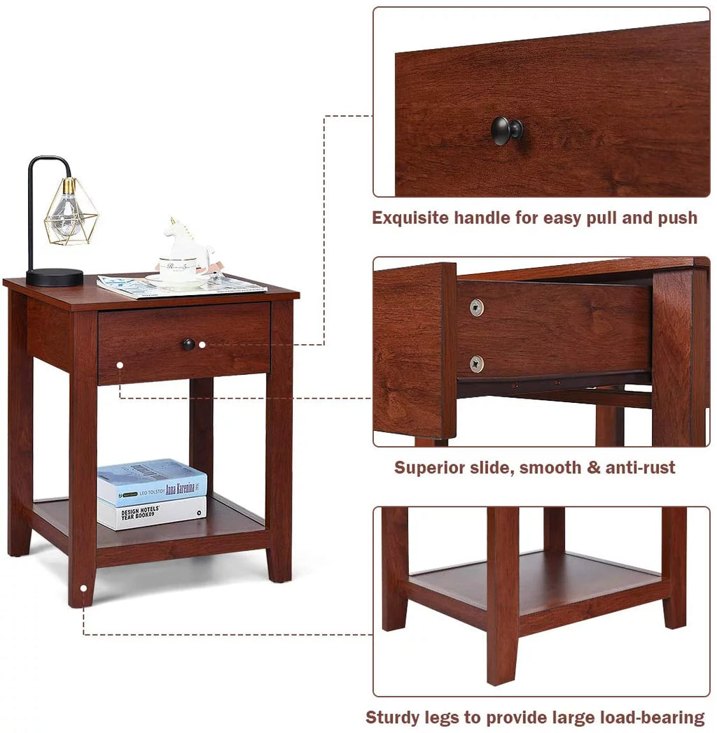 Walnut Wooden 2-Tier End Table With Drawer And Storage Shelf N253571