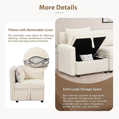 Cream Chenille Fabric Modular Sectional Sofa with Storage and 5 Pillows U2514