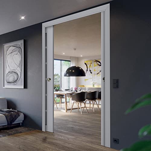 Matte Grey Frosted Glass Sliding French Double Pocket Doors 48 x 80 inches Solid Wood F13177