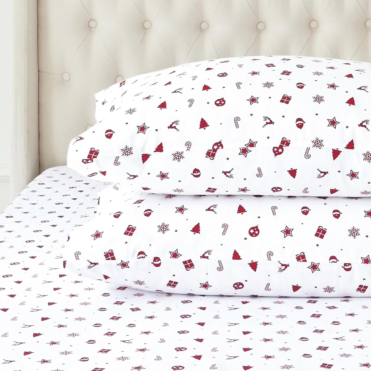 King Flannel Sheets - 4-Piece 100% Turkish Cotton, Red Stars, Deep Pocket Q766