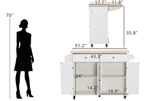 White Rolling Kitchen Island with Drop Leaf and Storage Cabinet W1275