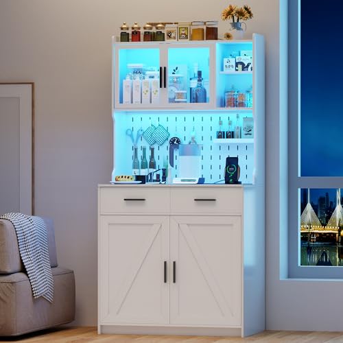 White LED Kitchen Pantry Cabinet with Drawers and Adjustable Shelves K787