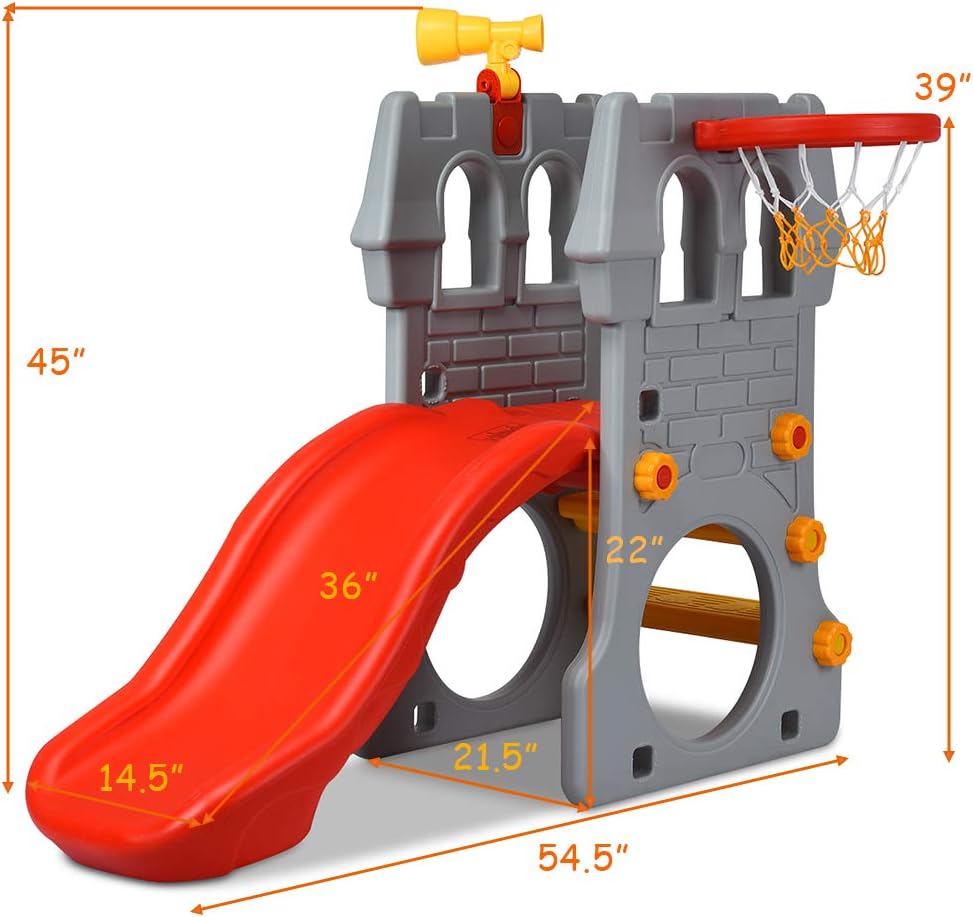 5 in 1 Toddler Slide with Basketball Hoop, Telescope, Crawl Through Space & Climbing Stairs I50449