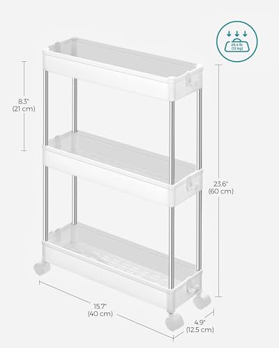 3-Tier Rolling Storage Cart with 6 Hooks, Steel Frame, Dove Gray A504