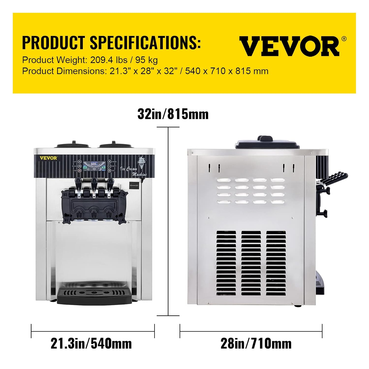 Silver Commercial Ice Cream Machine 5.3 to 7.4Gal per Hour 3 Flavors 2200W P897