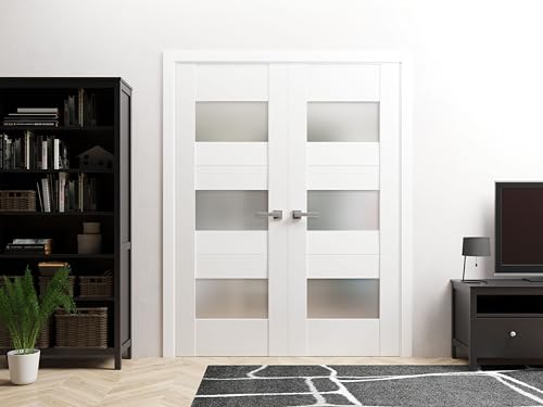 Solid French Double Doors 36 x 80 inches Opaque Glass White Silk Wood Solid Panel Frame X855
