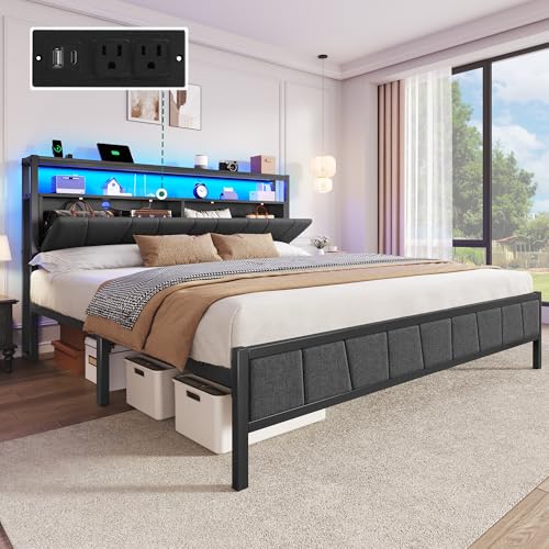 Gray Queen Upholstered Bed Frame with Storage Headboard N5466