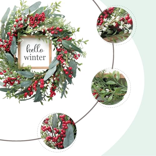 20’’ Red Berries Artificial Leaves Wreath with Hello Winter Sign J185788