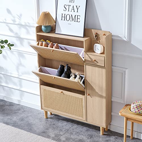 Shoe Cabinet Storage with Rattan Doors & Adjustable Shelves Y84746