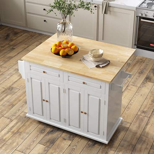 White Rolling Kitchen Island with Drop Leaf and Storage Cabinet W1275